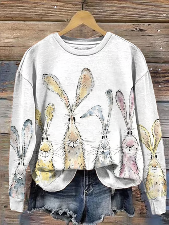Women'S Watercolor Bunny Print Long Sleeve Sweatshirt