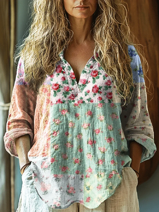 Ladies vintage pastoral floral print casual V Neck Loose Cotton-Blend Casual Shirt