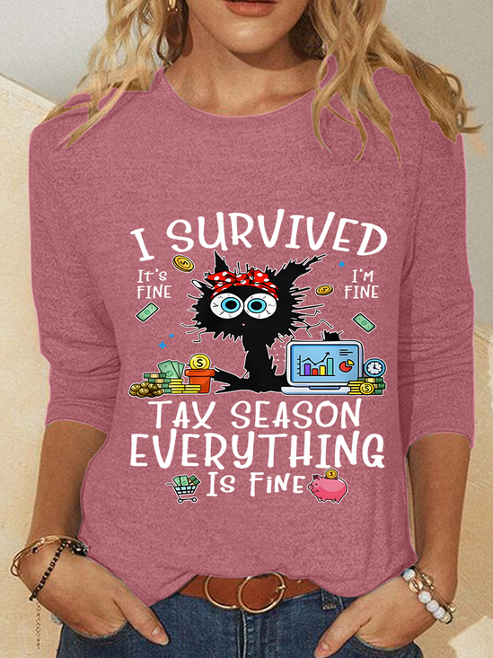 Black Cat I Survived Tax Season Everything Is Fine Casual Long Sleeve Shirt