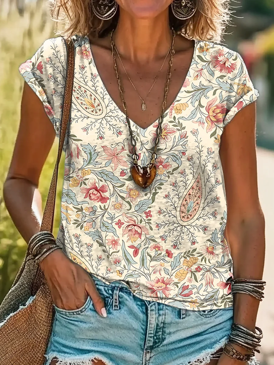 Women's vintage floral print V-neck T-shirt