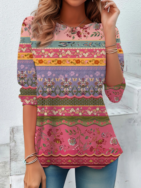 Women's Floral Spring Print Casual Crew Neck Tunic T-Shirt