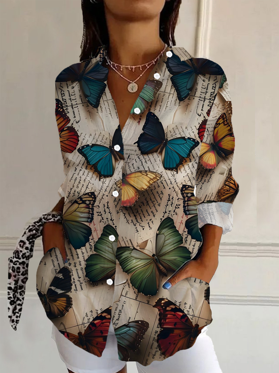 Women's Long Sleeve Shirt Spring/Fall As Picture Butterfly Buckle Shirt Collar Daily Going Out Casual Top