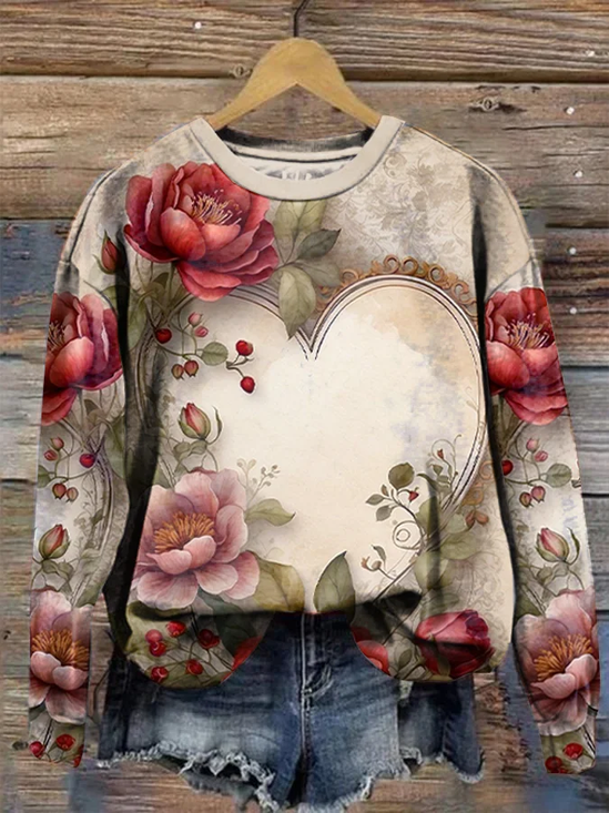 Women's Floral Spring Valentine's Day Print Casual Crew Neck Long Sleeve Sweatshirt