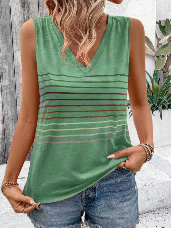 Striped Casual V Neck Loose Tank Top