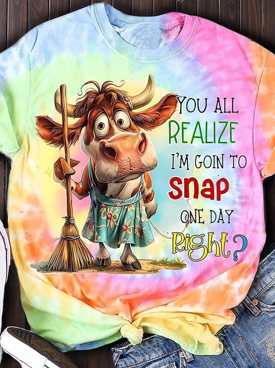 Women's Tie Dye Art Cute Western Cow Print Crew Neck T-Shirt