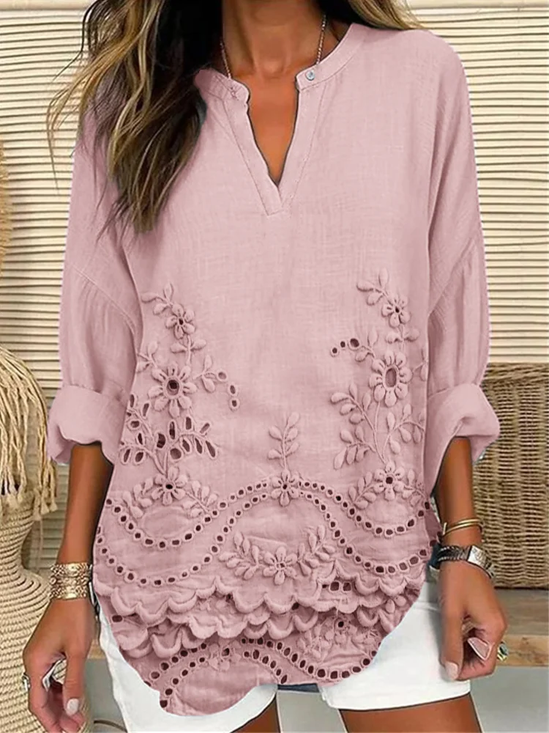 Cottage floral embroidery lace hem linen blend Shirt