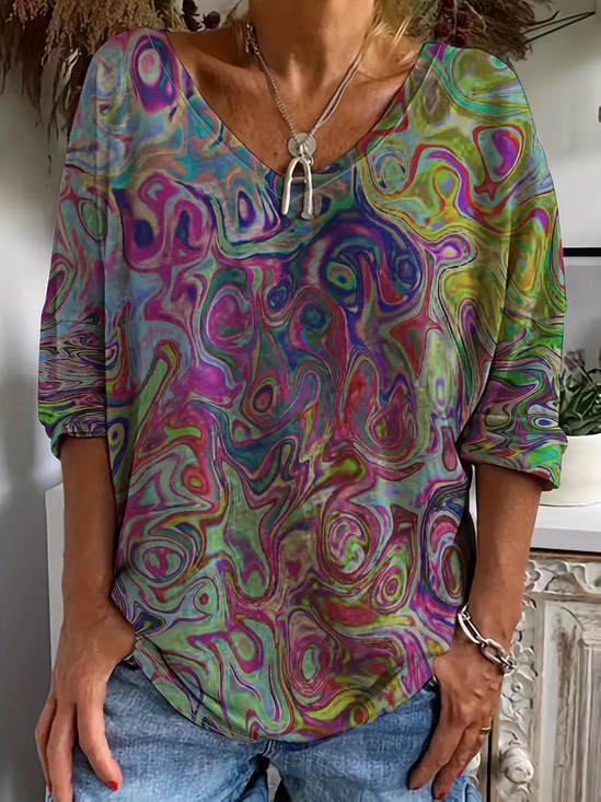 Women's Abstract V-Neck Printed Casual Long Sleeve T-Shirt