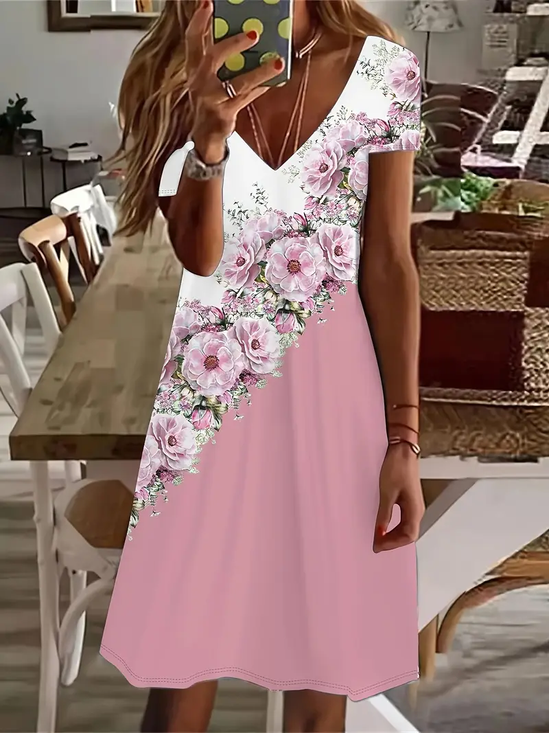 Women's Floral Spring Print Casual V-Neck Short Sleeve Dress