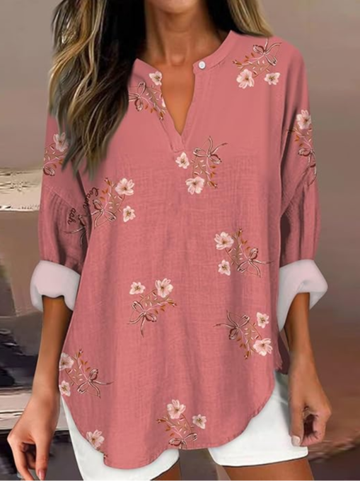 Women's Artistic Floral Print Elegant Casual V Neck Shirt