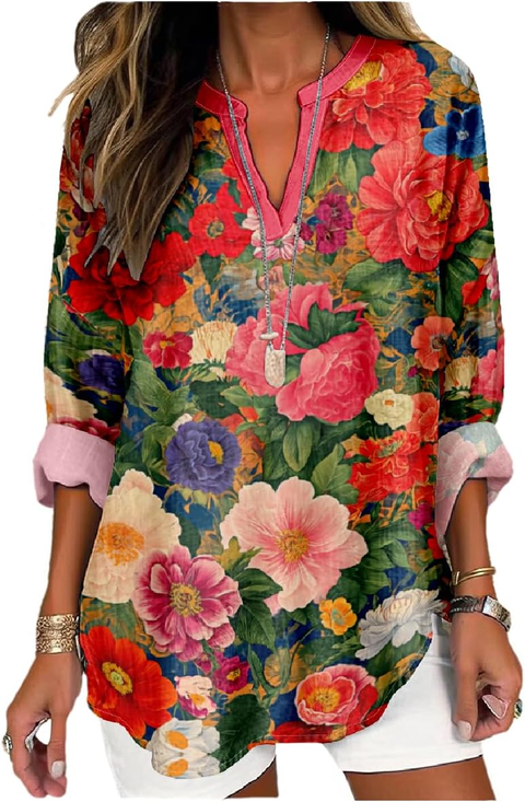 Women's Artistic Floral Print Elegant Resort V-Neck Shirt