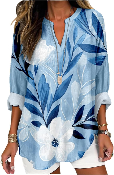 Women's Artistic Floral Print Elegant Casual V-Neck Shirt