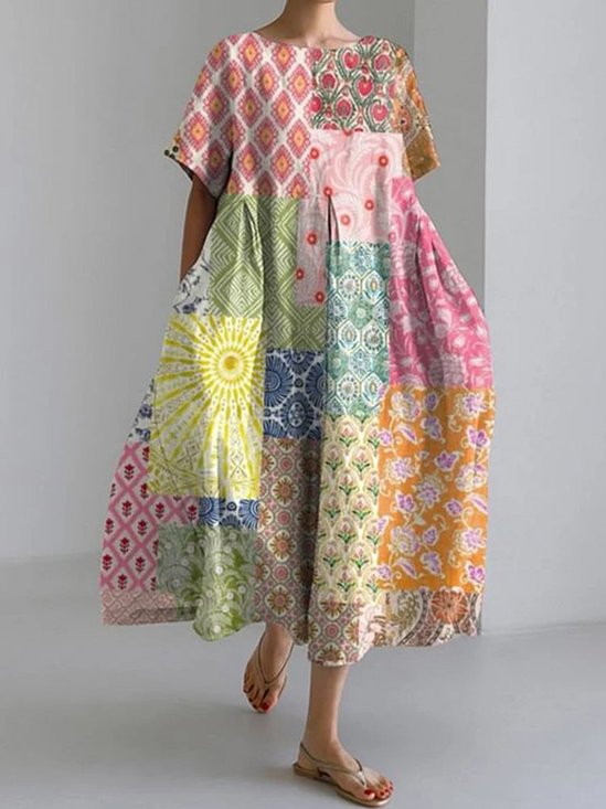 Women's Artistic Floral Print Vintage Round Neck Pleated Maxi Dress