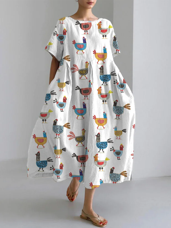 Funny Farm Chicken Embroidery Pattern Linen Blend Casual Dress With No Belt