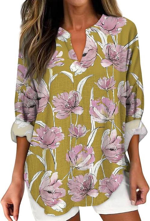 Women's Artistic Floral Print Elegant Casual V-Neck Shirt