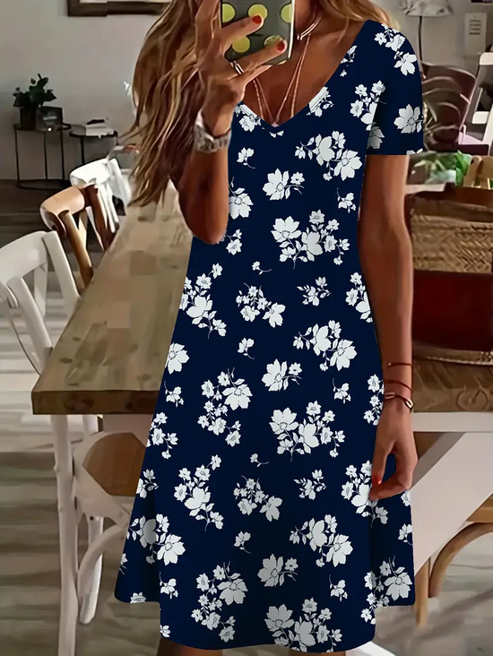 Women's Floral Spring Print Casual V-Neck Short Sleeve Dress