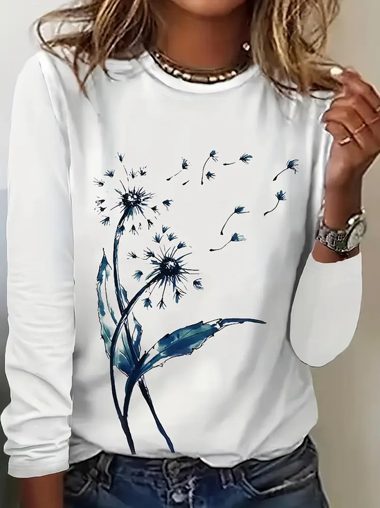 Women's Floral Spring Print Casual Round Neck Long Sleeve T-Shirt