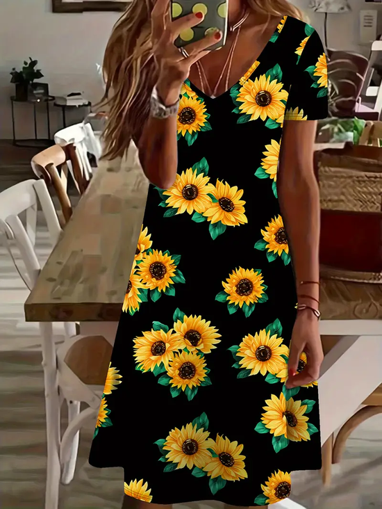 Women's Floral Spring Print Casual V-Neck Short Sleeve Dress