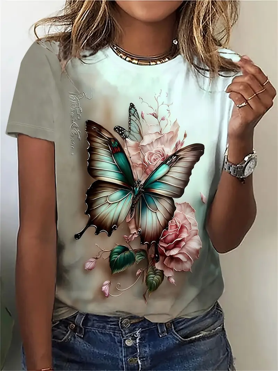 Women's Floral Butterfly Spring Print Casual Round Neck Short Sleeve T-Shirt