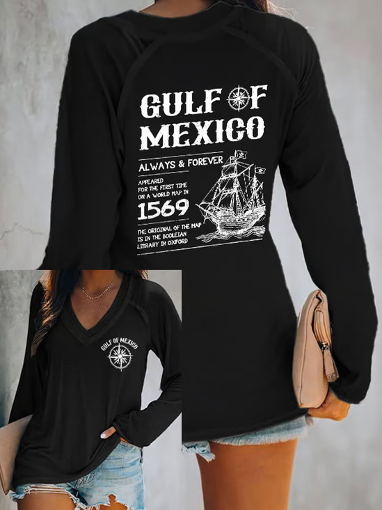 Women's Gulf Of Mexico Print V Neck T-Shirt