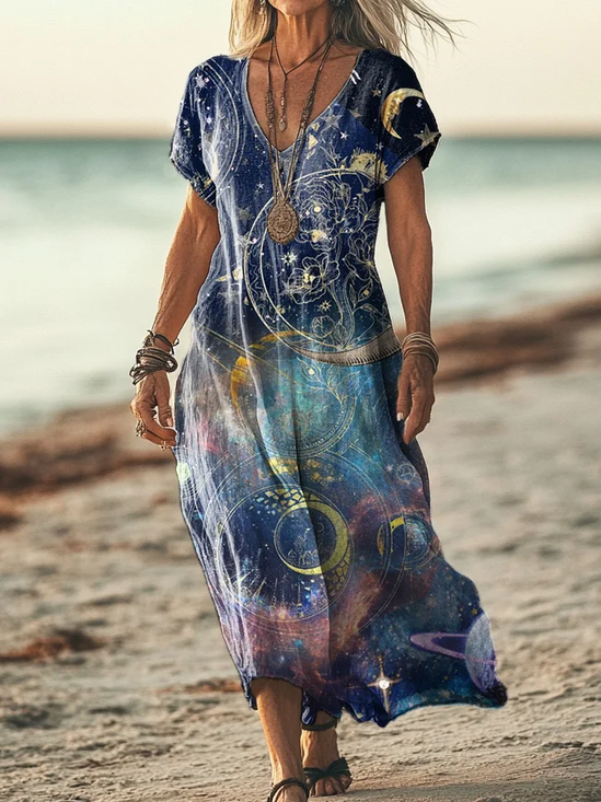 Women's Short Sleeve Summer As Picture Moon Printing V Neck Daily Going Out Casual Maxi H-Line T-Shirt Dress Dress