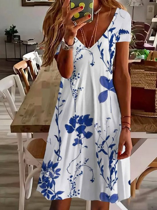 Women's Floral Spring Print Casual V-Neck Short Sleeve Dress
