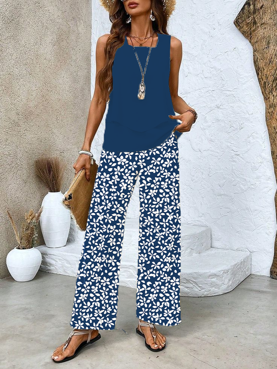 Women's Floral Spring Print Casual Tank Top Pants Two Piece Suit