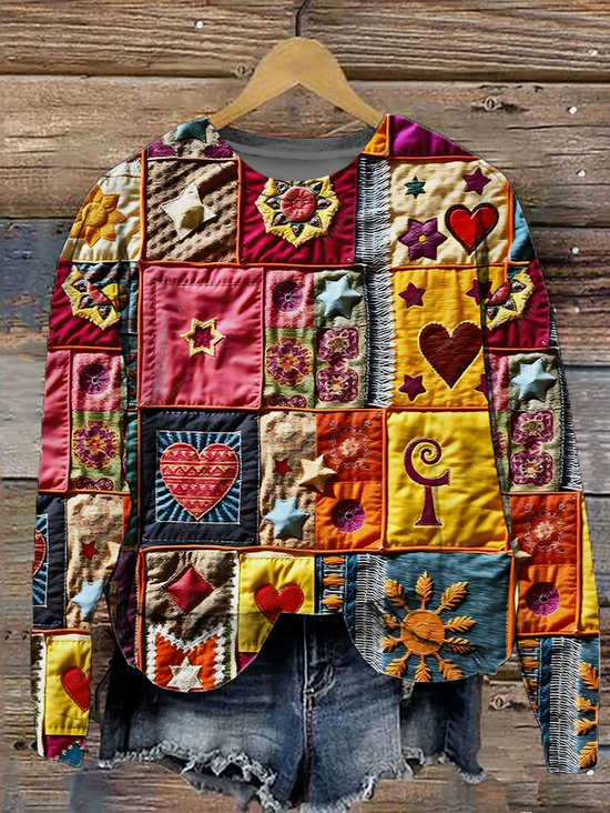 Women's Patchwork Art Print Loose Geometric Casual Sweatshirt
