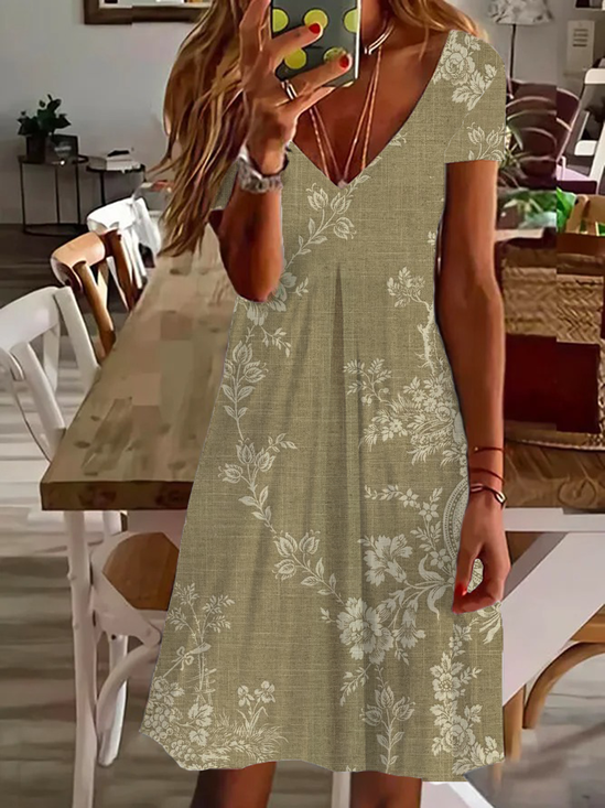 Women's Floral Spring Print Casual V-Neck Short Sleeve Dress