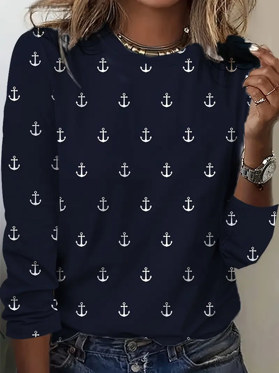 Women's Anchor Stripe Print Crew Neck Long Sleeve T-Shirt