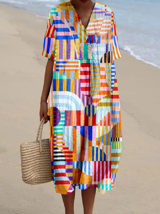 Vintage V Neck Multicolor Block Cotton-Blend Dress With No