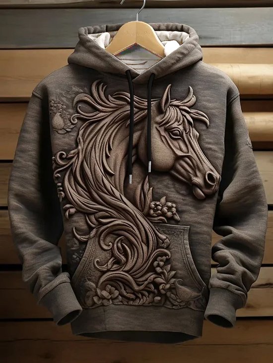 Men's Vintage Embossed Horse Print Hoodie