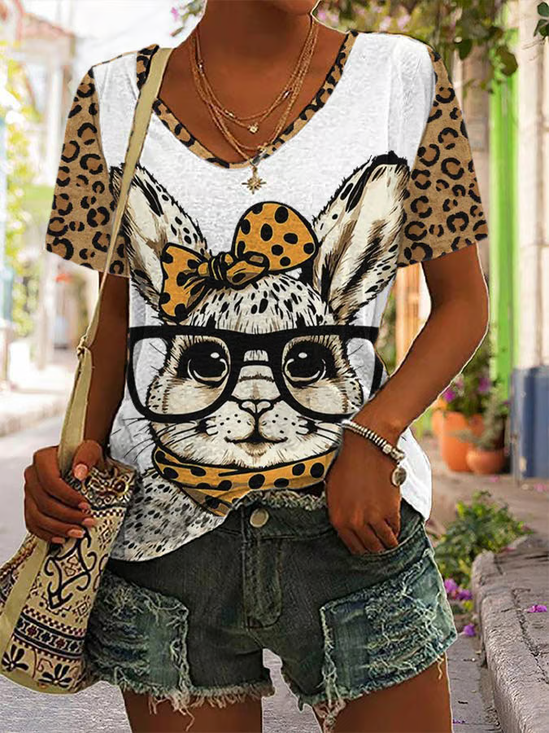 Women's Easter Cute Bunny Leopard Print Casual Cotton Blend V-Neck T-Shirt