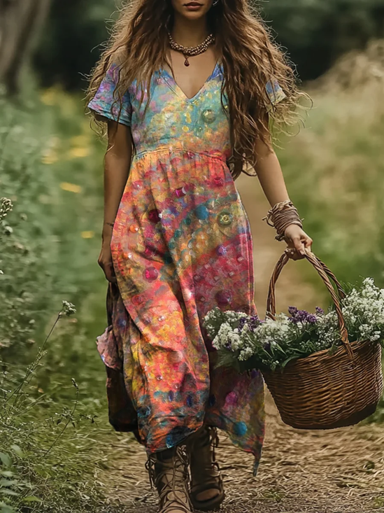 Regular Fit Casual Floral V Neck Dress With No