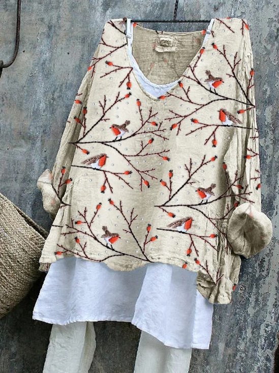 V Neck Bird Loose Linen T-Shirt