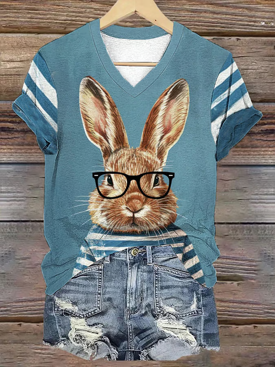 Women's glasses striped T-shirt rabbit print V-neck T-shirt