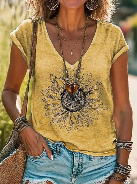 Women's Floral Spring Print Casual V-Neck Short Sleeve T-Shirt