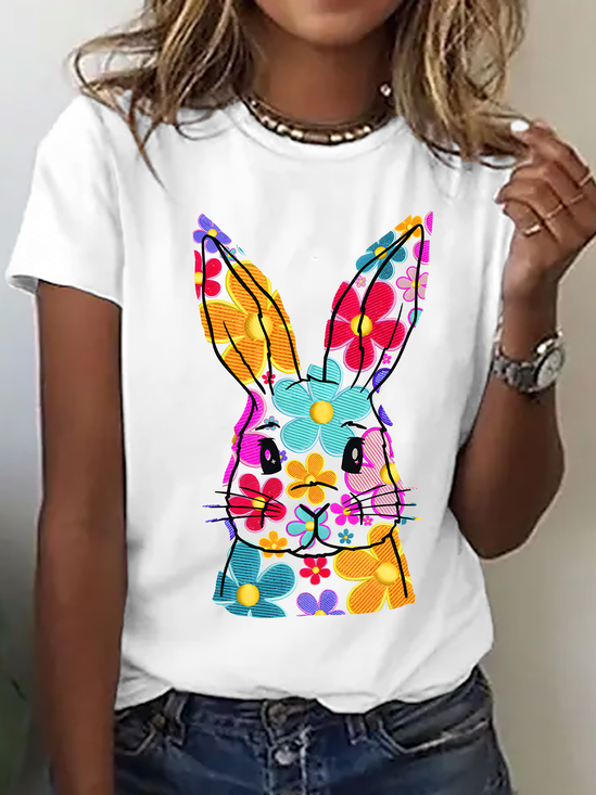 Happy Easter Bunny Flowers Print Cotton T-Shirt