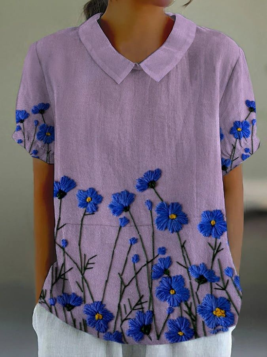 Women's Alzheimer's Floral Print Lapel Short Sleeve Shirt