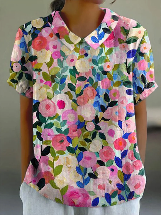 Women's Floral Spring Print Lapel Short Sleeve Shirt