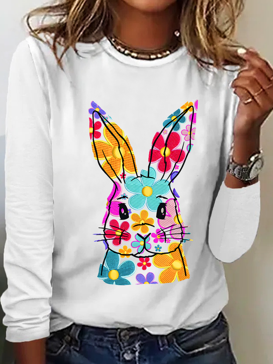 Happy Easter Bunny Flowers Print Casual Long Sleeve Shirt
