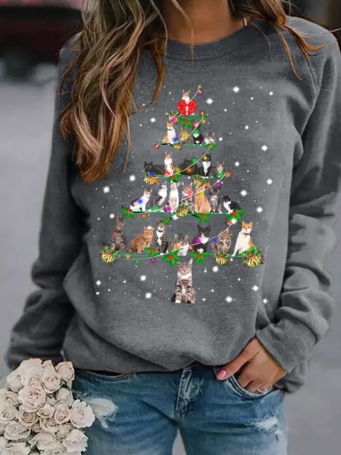 Funny Cats Christmas Tree Casual Sweatshirt Long sleeve Top