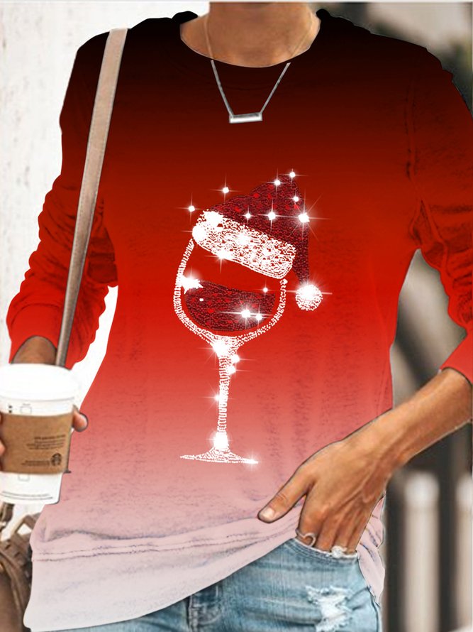 Merry Christmas Gradient Wine Glass Crew Neck Casual Loosen Sweatshirt