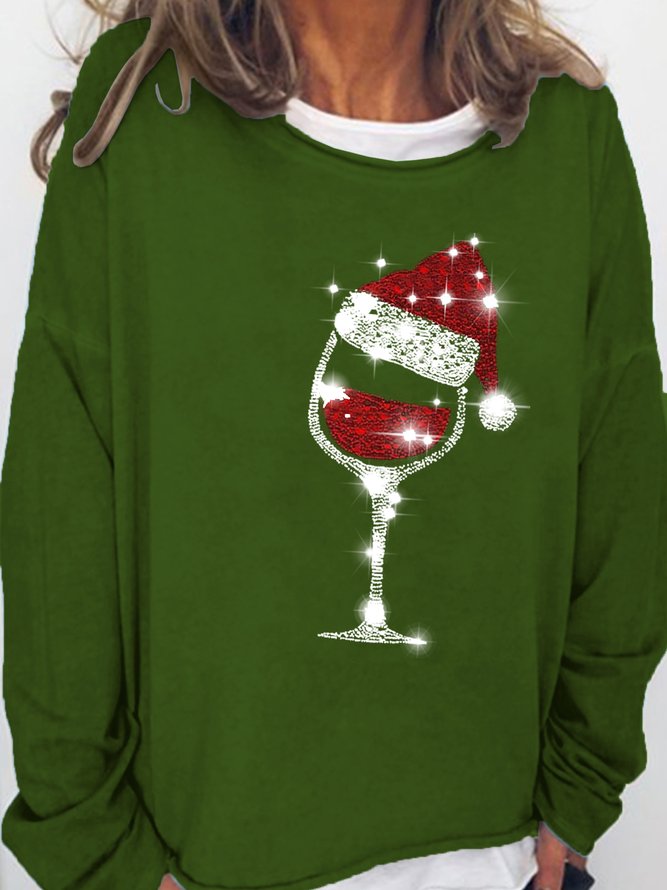 Merry Christmas Wine Glass Cotton Blends Casual Sweatshirt