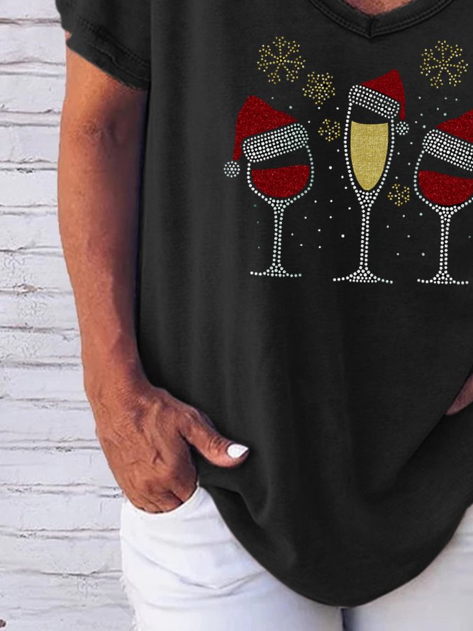 Christmas wine print V-neck short-sleeved T-shirt