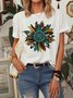 Western Leopard Sunflower Casual Cotton-Blend T-shirt