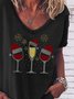 Christmas wine print V-neck short-sleeved T-shirt