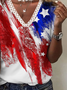 Flag Star Striped Printed Casual Loosen V NeckShort Sleeve T-Shirt