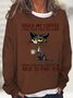 Women's Cat Drinking Coffee Touch My Coffee I Will Slap You So Hard Letters Casual Crew Neck Sweatshirt