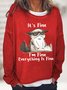 Women's It Is Fine I Am Fine Grumpy Cat Text Letters Graphic Print Casual Sweatshirt