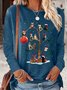 Women's Christmas Cat Tree Crew Neck Casual Top